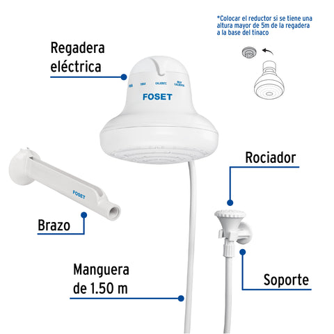 Regadera eléctrica, 4 temperaturas, 16.5cm, blanca, FOSET | REGEL-6 | 40237