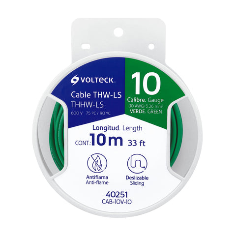 Carrete con 10 m de cable THHW-LS 10 AWG verde, Volteck | CAB-10V-10 | 40251
