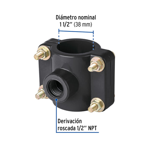 Abrazadera para toma domiciliaria PP 1-1/2' x 1/2', FOSET | ATD-1 1/2 | 40711
