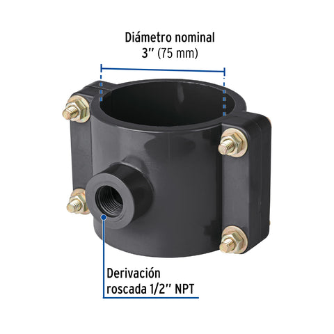 Abrazadera para toma domiciliaria PP 3' x 1/2', FOSET | ATD-3 | 40714