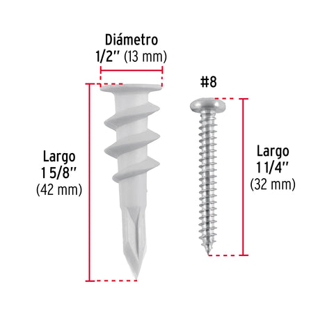 Kit 20 taquetes plásticos 1/2', p/panel de yeso con pijas #8 | TQ-1/2TJ | 40743