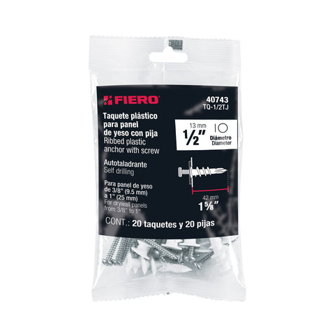 Kit 20 taquetes plásticos 1/2', p/panel de yeso con pijas #8 | TQ-1/2TJ | 40743