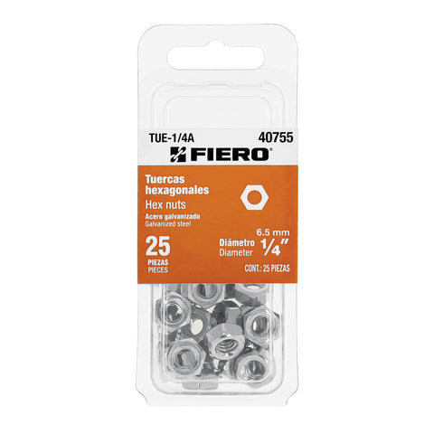 Blíster con 25 tuercas 1/4' hex de acero galvanizado, FIERO | TUE-1/4A | 40755