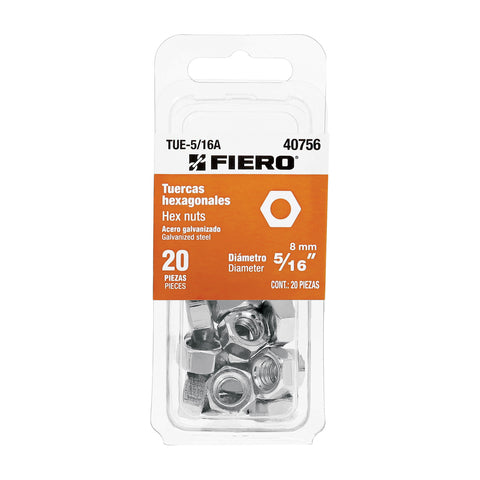 Blíster con 20 tuercas 5/16' hex de acero galvanizado, FIERO | TUE-5/16A | 40756