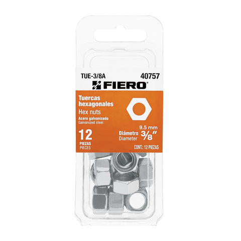 Blíster con 12 tuercas 3/8' hex de acero galvanizado, FIERO | TUE-3/8A | 40757