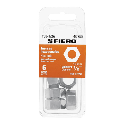 Blíster con 6 tuercas 1/2' hex de acero galvanizado, FIERO | TUE-1/2A | 40758