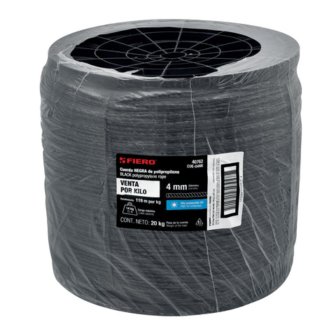 Kilo de cuerda negra de polipropileno 4 mm, carrete 20kg | CUE-04NK | 40762