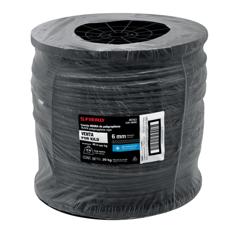Kilo de cuerda negra de polipropileno 6 mm, carrete 20kg | CUE-06NK | 40763