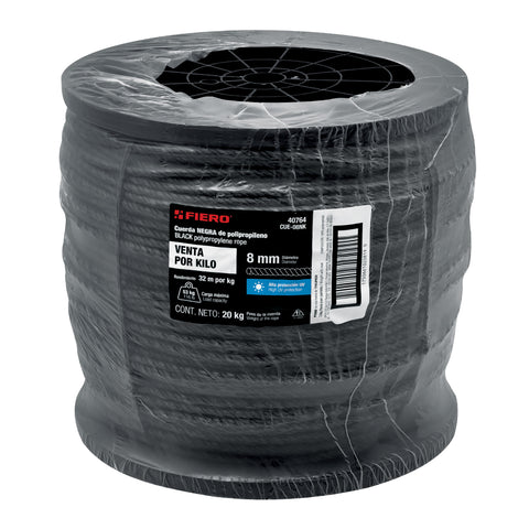 Kilo de cuerda negra de polipropileno 8 mm, carrete 20kg | CUE-08NK | 40764