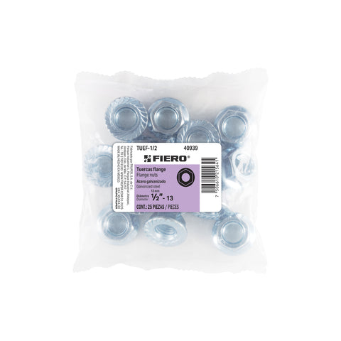 Bolsa con 25 tuercas flange, 1/2', acero galvanizado, FIERO | TUEF-1/2 | 40939
