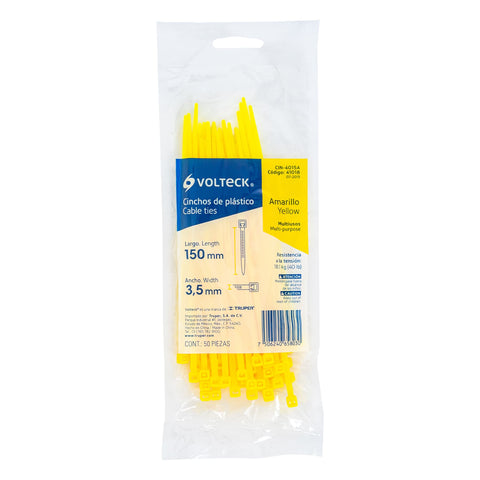 Bolsa con 50 cinchos plásticos 40 lb, 150x3.5 mm, amarillos | CIN-4015A | 41018