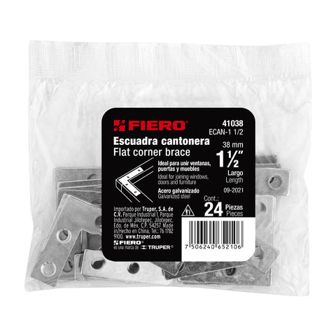 Bolsa c/24 escuadras planas cantoneras 1-1/2'x1-1/2', FIERO | ECAN-1 1/2 | 41038