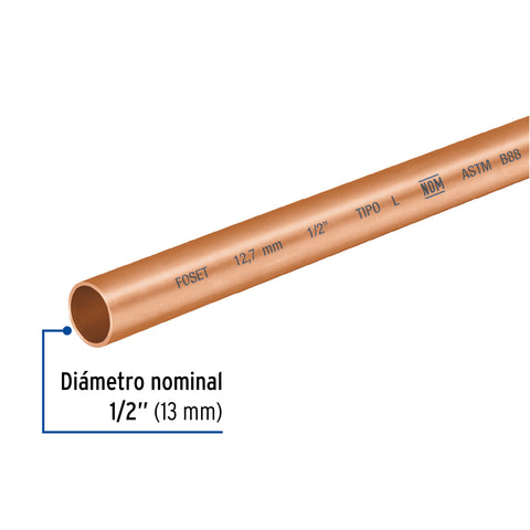 Tubo rígido de cobre 1/2' tipo 'L', 3m, 1.2kg, FOSET | CC-001L | 41271