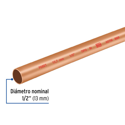 Tubo rígido de cobre 1/2' tipo 'M', 3m, 0.9kg, FOSET | CC-001M | 41274
