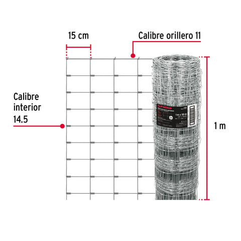 Rollo malla borreguera, 1m x 50m acero galvanizado, 23kg | MAGA-50X10 | 42859