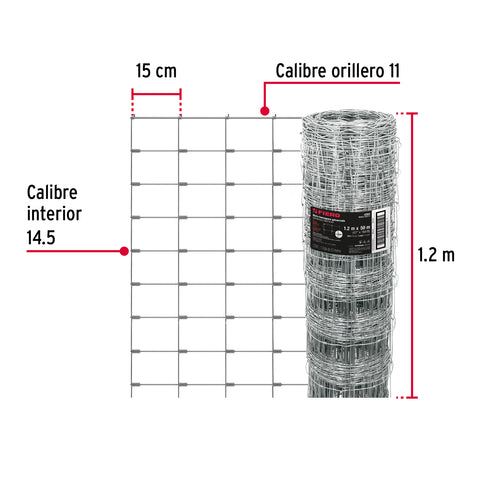 Rollo malla borreguera, 1.2m x 50m acero galvanizado, 26kg | MAGA-50X12 | 42860
