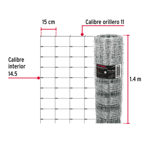 Rollo malla borreguera, 1.4m x 50m acero galvanizado, 28kg | MAGA-50X14 | 42861