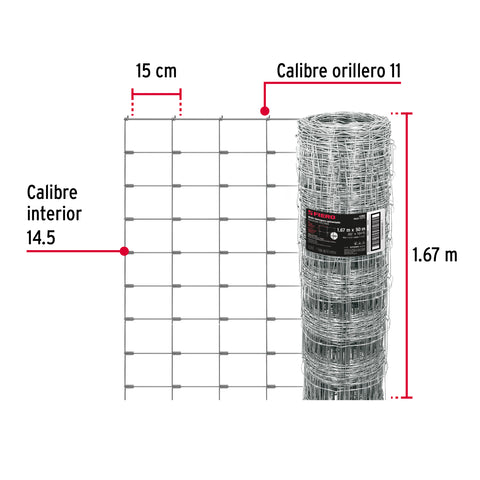 Rollo malla borreguera, 1.67m x 50m acero galvanizado, 31kg | MAGA-50X16 | 42862
