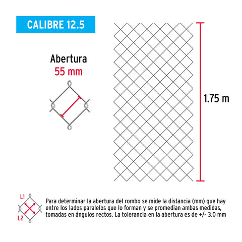 Rollo malla ciclónica cal.12.5, 1.75x20m, abertura 55mm 46kg | MACI-2553 | 42950