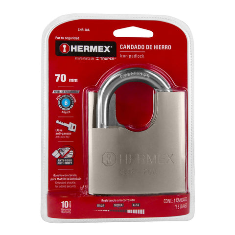 Candado de hierro 70 mm con coraza, llave anti-ganzúa | CHR-70A | 43003