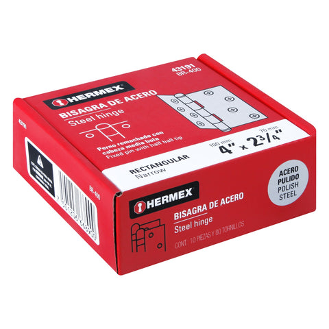 Bisagra rectangular 4' acero pulido, HERMEX | BR-400 | 43191