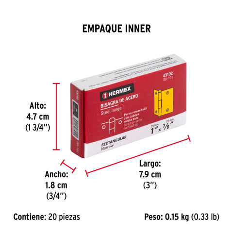 Bisagra rectangular 1' acero latonado, HERMEX | BR-101 | 43192