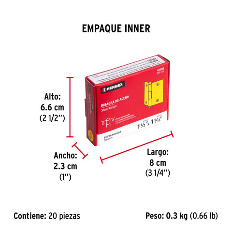 Bisagra rectangular 1-1/2' acero latonado, HERMEX | BR-151 | 43193