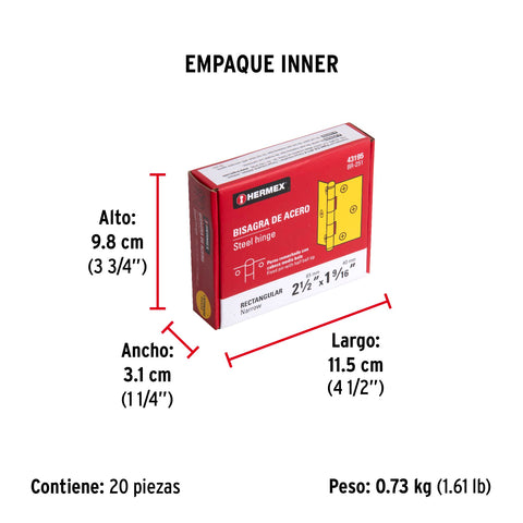 Bisagra rectangular 2-1/2' acero latonado, HERMEX | BR-251 | 43195