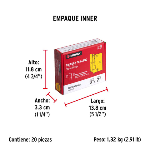 Bisagra rectangular 3' acero latonado, HERMEX | BR-301 | 43196