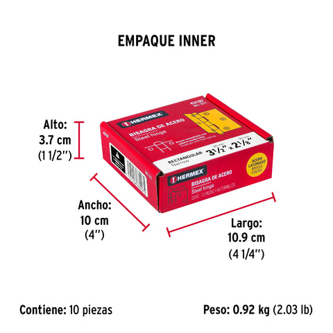 Bisagra rectangular 3-1/2' acero latonado, HERMEX | BR-351 | 43197
