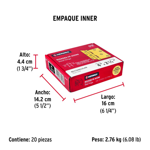 Bisagra rectangular 4' acero latonado, HERMEX | BR-401 | 43198