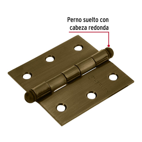 Bisagra cuadrada 2-1/2', latón antiguo, cabeza redonda | BC-252R | 43245