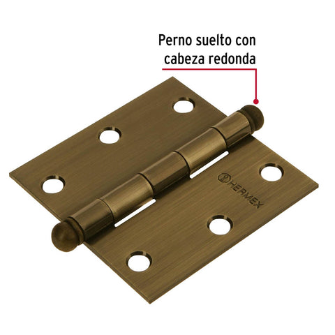 Bisagra cuadrada 3', latón antiguo, cabeza redonda, HERMEX | BC-302R | 43246