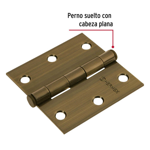 Bisagra cuadrada 3', latón antiguo, cabeza plana, HERMEX | BC-302P | 43251