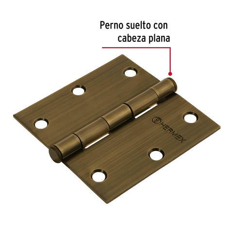 Bisagra cuadrada 3-1/2', latón antiguo, cabeza plana, HERMEX | BC-352P | 43252