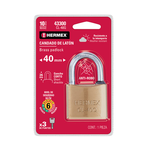 Candado de latón, 40mm, gancho corto, llave puntos, blister | CL-40Q | 43300