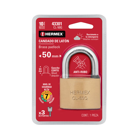 Candado de latón, 50mm, gancho corto,llave de puntos,blister | CL-50Q | 43301