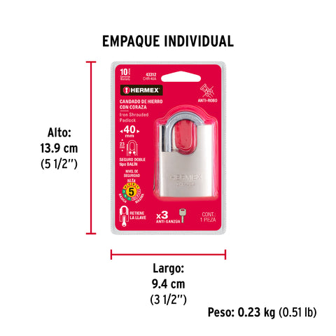 Candado de hierro 40 mm con coraza, llave anti-ganzúa | CHR-40A | 43312