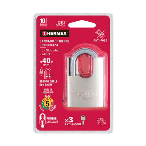 Candado de hierro 40 mm con coraza, llave anti-ganzúa | CHR-40A | 43312