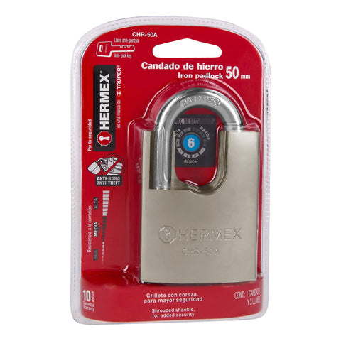 Candado de hierro 50 mm con coraza, llave anti-ganzúa | CHR-50A | 43313