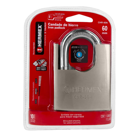 Candado de hierro 60 mm con coraza, llave anti-ganzúa | CHR-60A | 43314