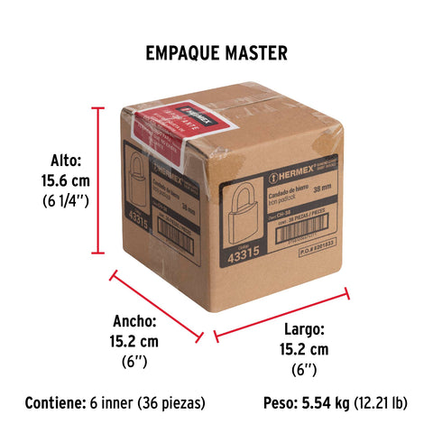 Candado de hierro 38 mm gancho corto en caja, HERMEX | CH-38 | 43315