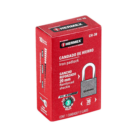 Candado de hierro 38 mm gancho corto en caja, HERMEX | CH-38 | 43315
