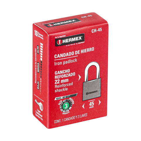 Candado de hierro 45 mm gancho corto en caja, HERMEX | CH-45 | 43316