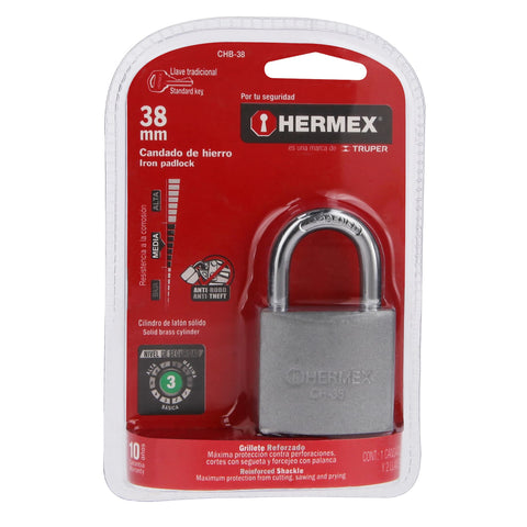 Candado de hierro 38 mm gancho corto en blíster, HERMEX | CHB-38 | 43318