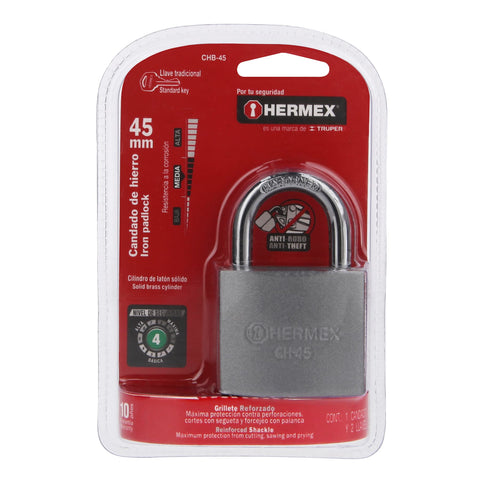 Candado de hierro 45 mm gancho corto en blíster, HERMEX | CHB-45 | 43319