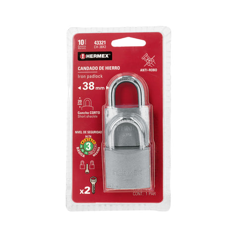 Blíster con 2 candados de hierro de 38mm con gancho corto | CH-38X2 | 43321