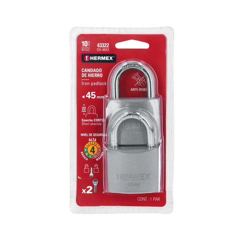 Blíster con 2 candados de hierro de 45mm con gancho corto | CH-45X2 | 43322