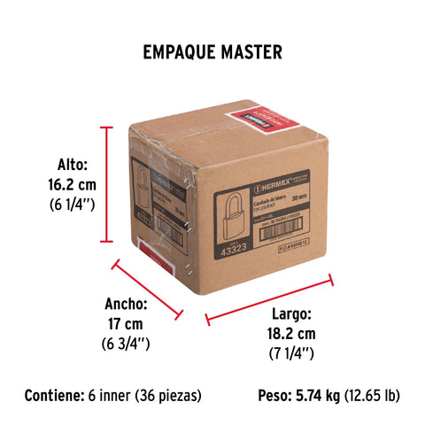Candado de hierro 38 mm gancho largo en caja, HERMEX | CH-38L | 43323