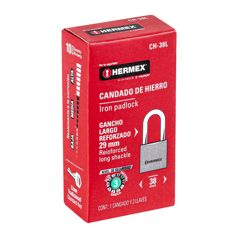 Candado de hierro 38 mm gancho largo en caja, HERMEX | CH-38L | 43323